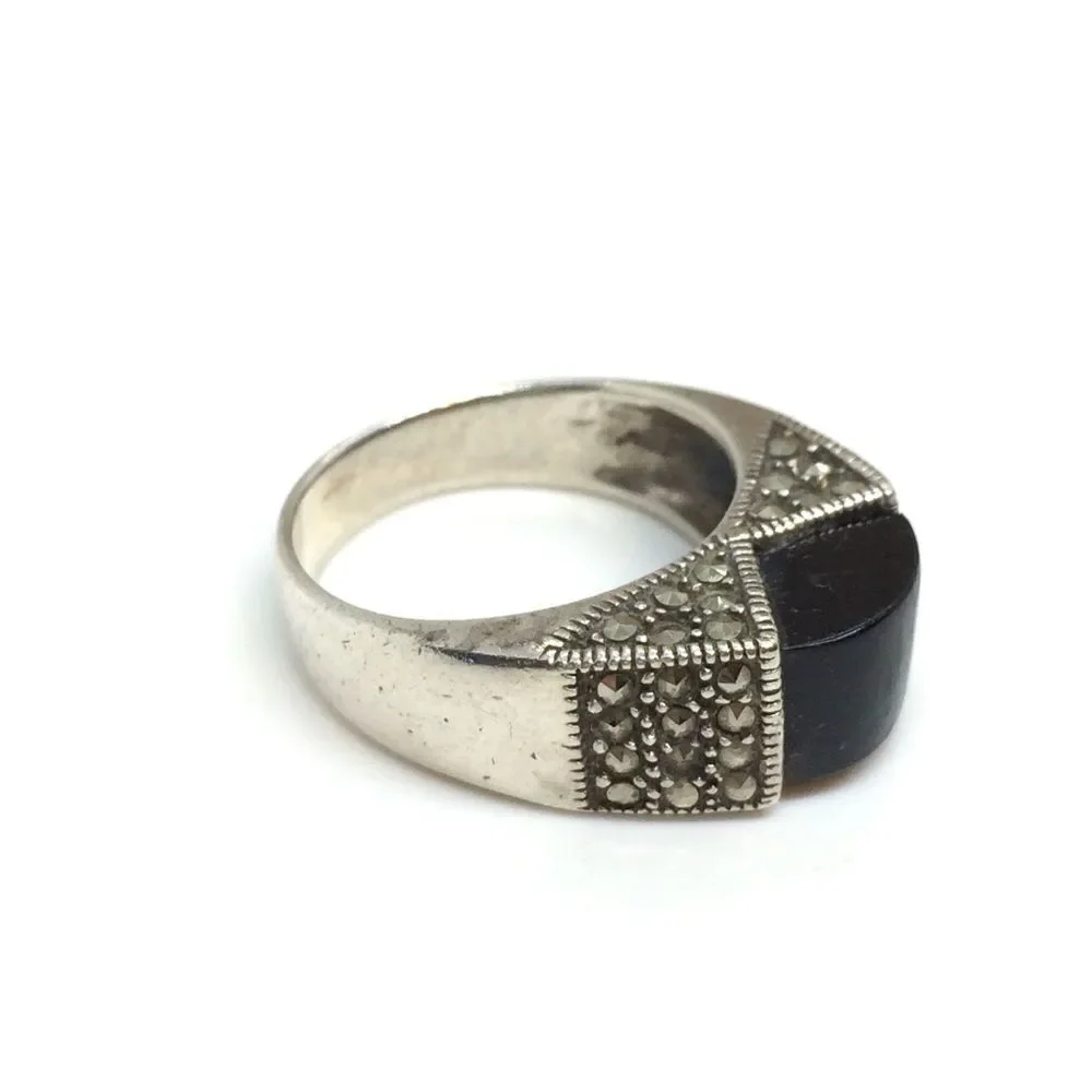 STERLING SILVER RING Black Stone Marcasite Domed Statement Boho Sz 9.25